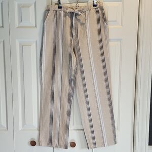 Liz Claiborne Khaki Striped Linen Blend Zippered Straight Leg Pant Size Small
